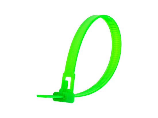 Picture of 8 Inch Fluorescent Green Releasable Cable Ties - 100 Pack, UV Protected, Nylon, 50 Lbs Tensile Strength